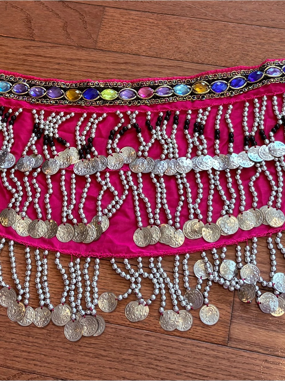 Fuchsia Coin Belly Dance Hip Scarf with Beaded Fringe